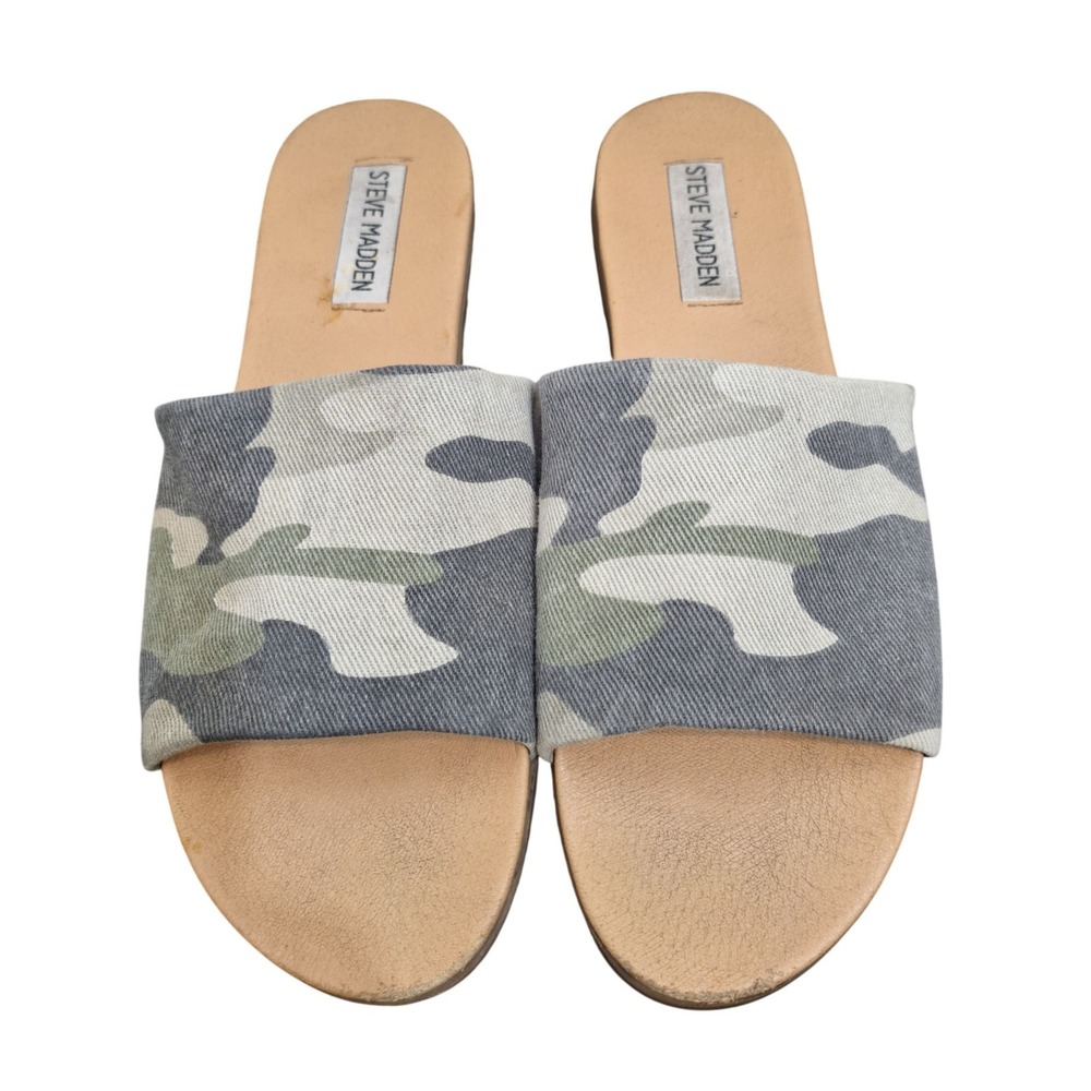 Steve Madden Womens 8.5M Karolyn Camo Slide Sandals Green Grey Fabric Flat Shoes